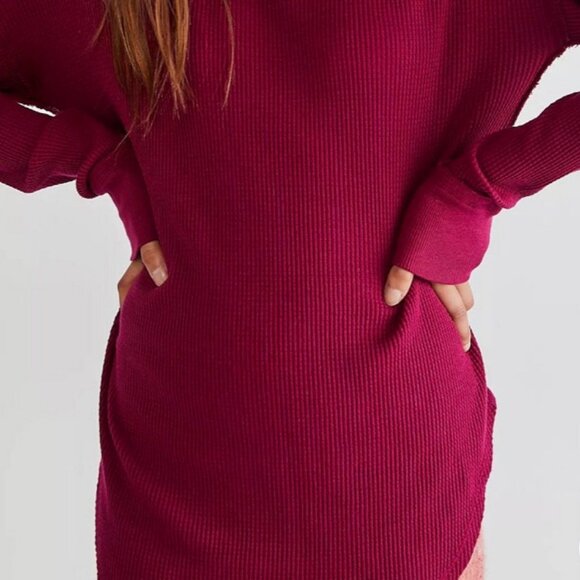 NEW Free People Just For You Cutout Shoulder Mock Neck Thermal Top Wine $98 S - Picture 9 of 11